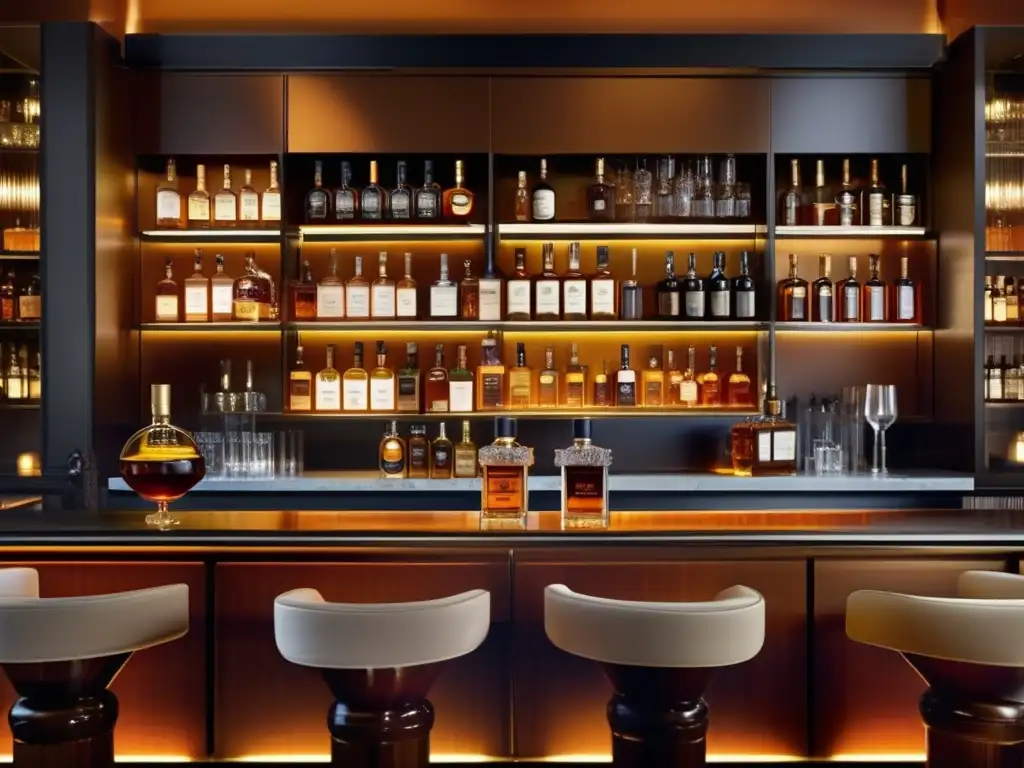 Whiskey bar moderno y elegante Invertir en whisky: consejos expertos, bar de whisky elegante y moderno con una colección exquisita de botellas únicas y ambiente sofisticado