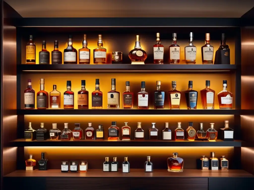 Colección exclusiva de whisky en estantería elegante Invertir en whisky: consejos expertos, colección de lujo en estantería minimalista y elegante, iluminada y exhibiendo botellas excepcionales