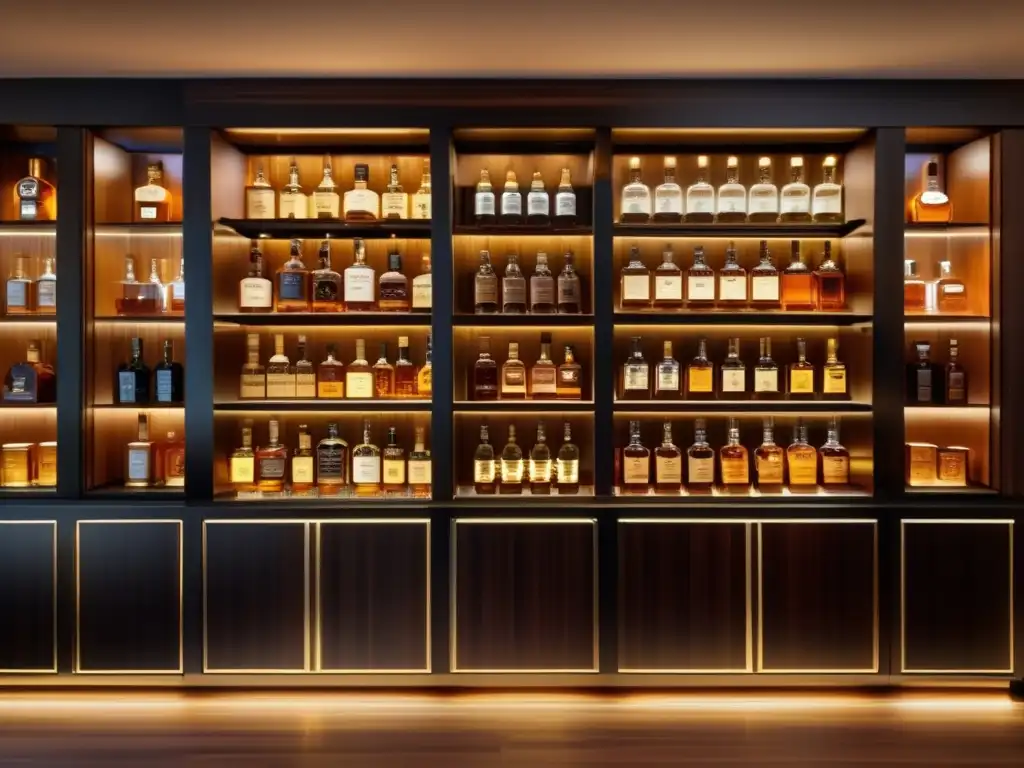Lujosa colección de whisky en gabinete Invertir en whisky: consejos expertos, colección de lujo con whiskies de alta gama, mueble de madera oscura y botellas cuidadosamente etiquetadas