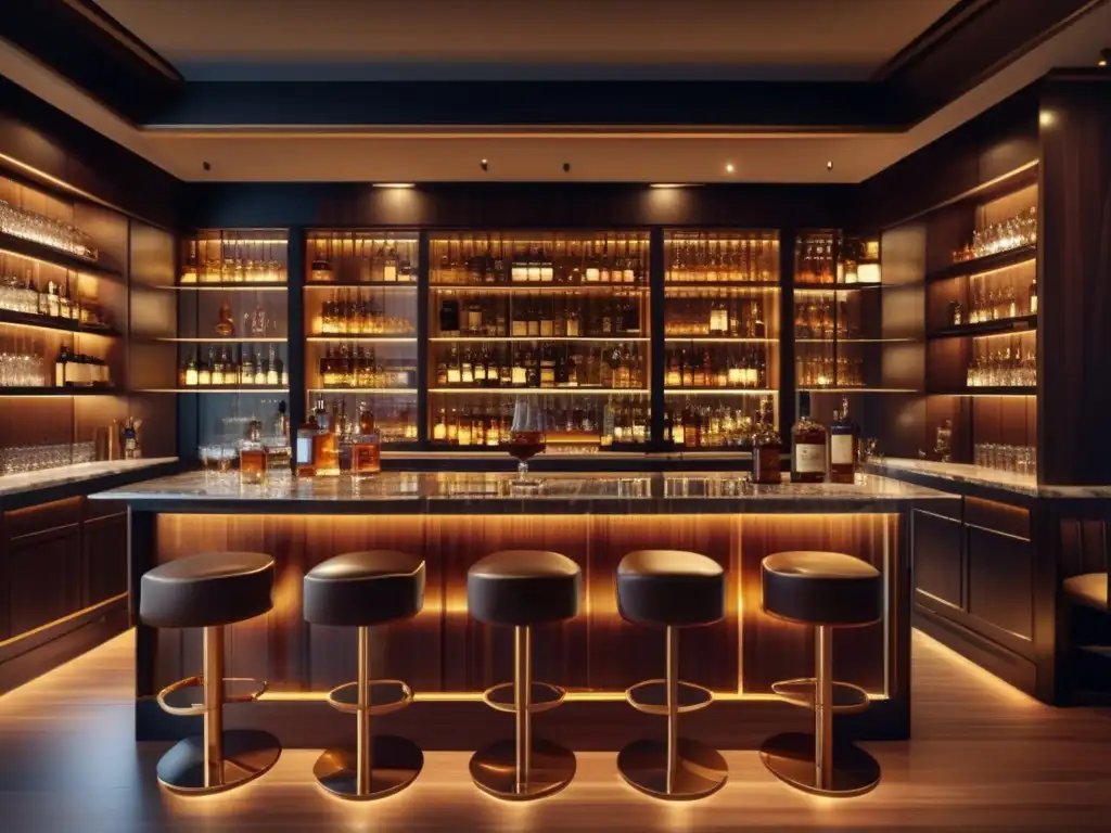 Lujoso bar de whisky con colección impresionante Invertir en whisky: consejos expertos en un lujoso y moderno bar, destacando una amplia colección de botellas valiosas y un experto bartender